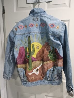 Hand-Painted Light Wash Denim Jacket with Desert Motif